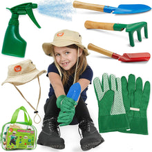 Load image into Gallery viewer, Born Toys Kids Gardening Set (6 pc),Garden Rake and Tools with Kids Gardening Gloves and Washable HAT Set for Real or Sand Gardening Water Sprayer Bag Included